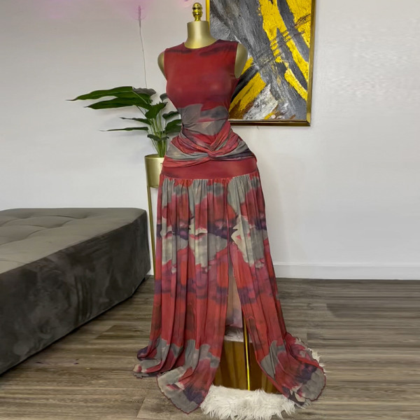 Printed round neck high waisted slit dress long skirt