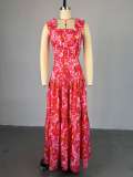 Printed short vest, high waist, large swing skirt set