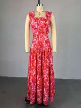 Printed short vest, high waist, large swing skirt set