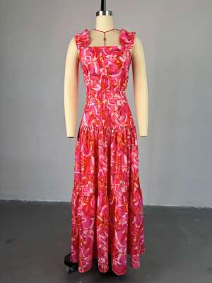 Printed short vest, high waist, large swing skirt set