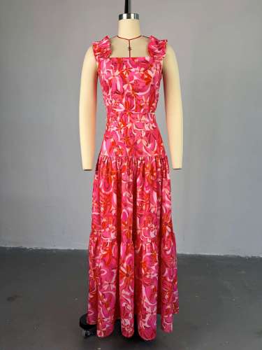 Printed short vest, high waist, large swing skirt set