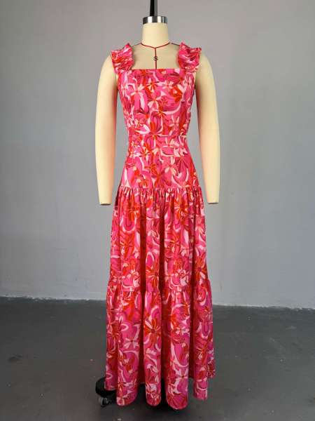 Printed short vest, high waist, large swing skirt set