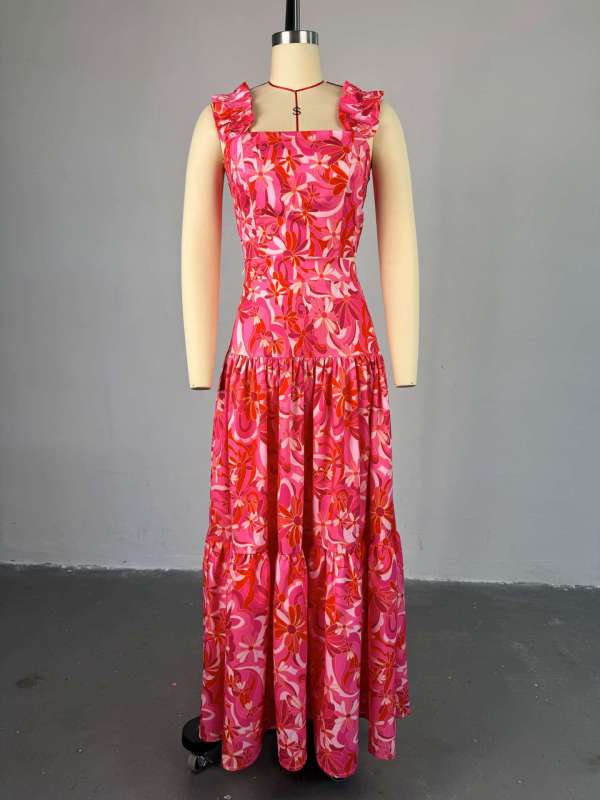 Printed short vest, high waist, large swing skirt set