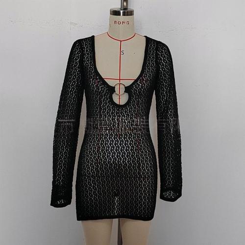 Hollow knitted metal ring U-neck strap cover shirt, hip hugging skirt