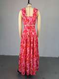 Printed short vest, high waist, large swing skirt set