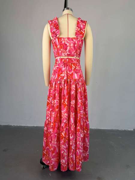 Printed short vest, high waist, large swing skirt set