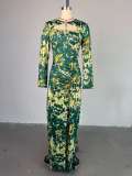 Printed hollow collar long sleeved high waisted hip hugging dress