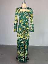 Printed hollow collar long sleeved high waisted hip hugging dress