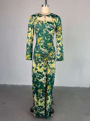 Printed hollow collar long sleeved high waisted hip hugging dress