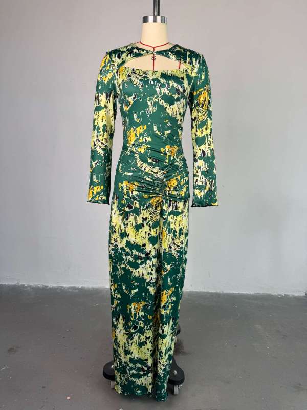 Printed hollow collar long sleeved high waisted hip hugging dress