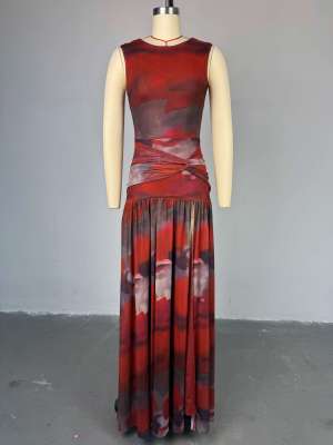 Printed round neck high waisted slit dress long skirt
