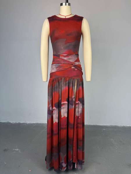Printed round neck high waisted slit dress long skirt