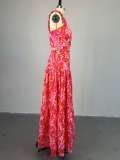 Printed short vest, high waist, large swing skirt set
