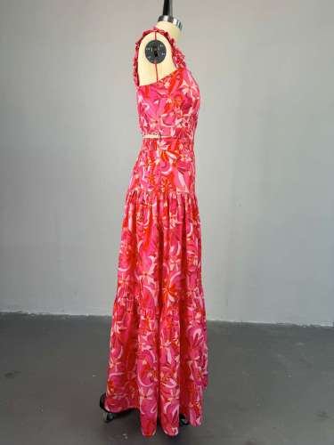 Printed short vest, high waist, large swing skirt set
