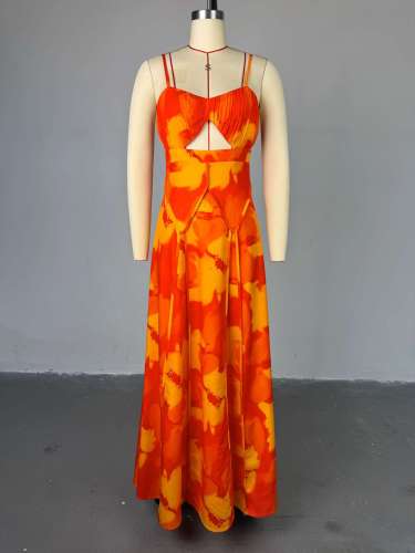 Printed suspender strapless high waisted A-line jumpsuit long skirt