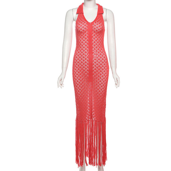 Hollow transparent long skirt with a lapel dress