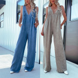 V-neck sleeveless backless washed sleeveless denim jumpsuit