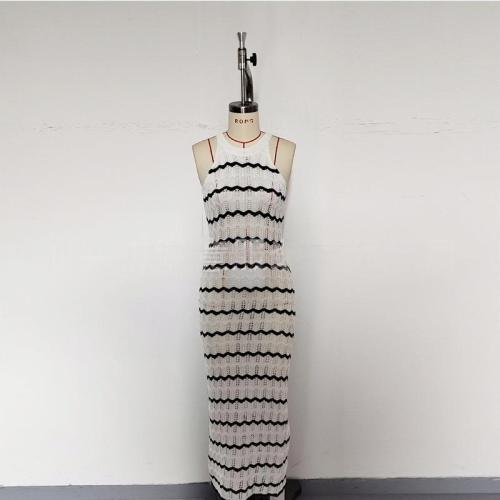 Sleeveless hollowed out striped dress, beach cover, hip hugging skirt