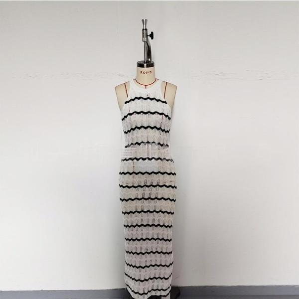 Sleeveless hollowed out striped dress, beach cover, hip hugging skirt