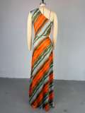 Striped diagonal shoulder collar high waisted A-line dress long skirt