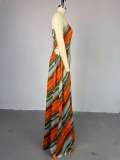 Striped diagonal shoulder collar high waisted A-line dress long skirt