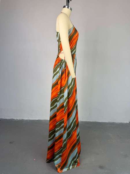 Striped diagonal shoulder collar high waisted A-line dress long skirt