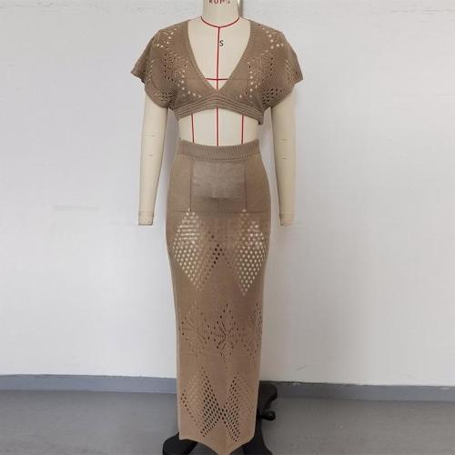 Knitted hollow V-neck top, beach skirt, cover up set