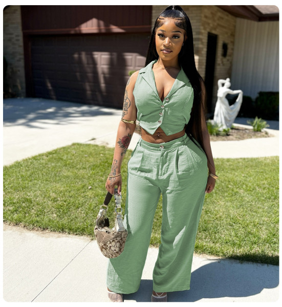 Sleeveless short back tie top and pants set