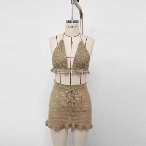 Knitted Strap Bikini Lotus Leaf Short Skirt Set