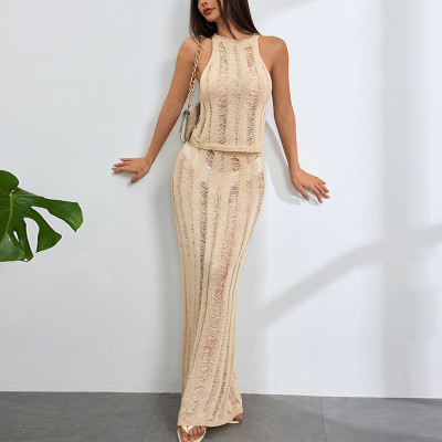 Hollow pattern sleeveless half length long skirt set beach cover shirt long skirt