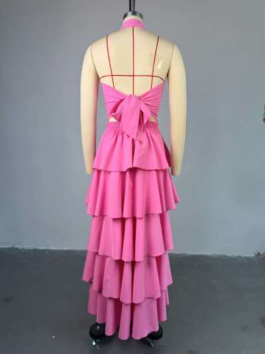 Hanging neck vest high waisted cake skirt two-piece set