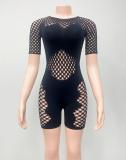 Round neck short sleeved lace hollow tight jumpsuit shorts
