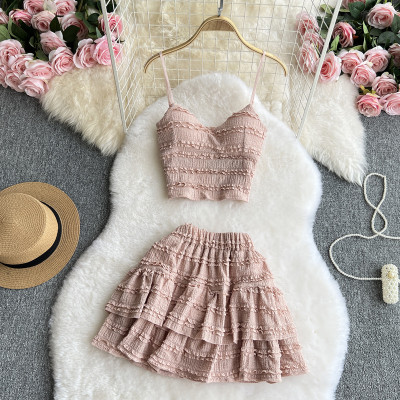Lace camisole vest short ruffled skirt two-piece set