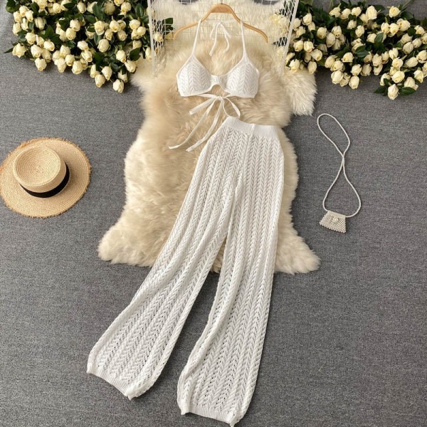 Hanging neck strapless lace up top, hollowed out knitted wide leg pants two-piece set