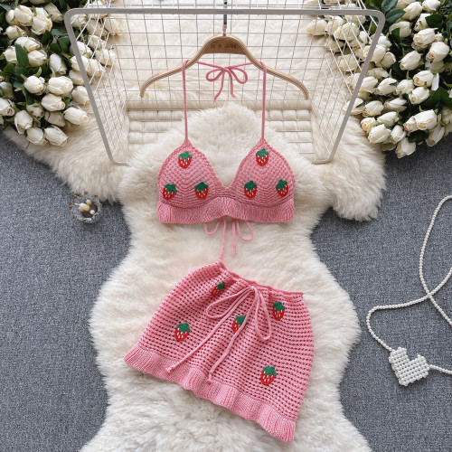 Hollow hook flower knitted halter top vest, high waisted mini skirt two-piece set