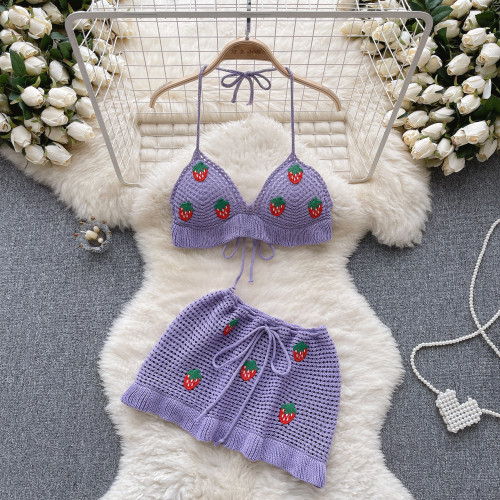 Hollow hook flower knitted halter top vest, high waisted mini skirt two-piece set