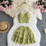 Lace camisole vest short ruffled skirt two-piece set