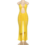 Perspective hanging neck, exposed navel, slightly flared long jumpsuit