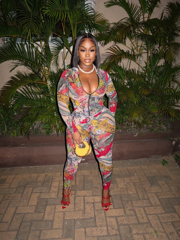 Printed zipper hooded top+pants two-piece set