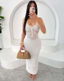 Hanging neck low cut lace up knit patchwork dress