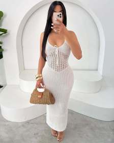 Hanging neck low cut lace up knit patchwork dress