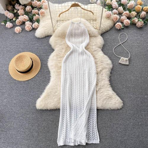 Hanging neck sleeveless hollow knitted slit dress