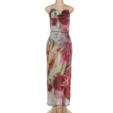 Waist cinched backless lace up long skirt hanging neck French slit dress