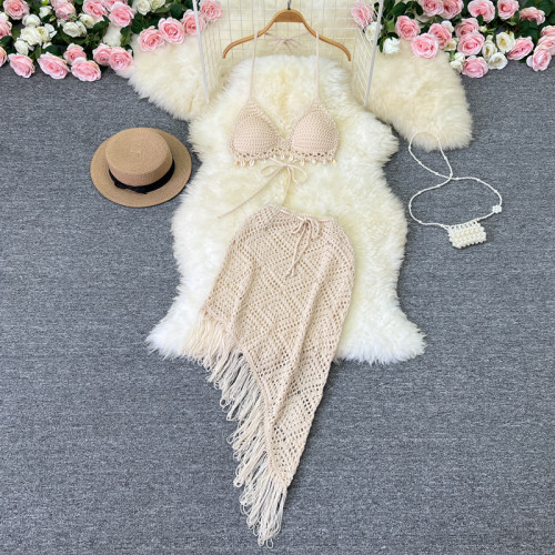 Bikini halter top, tassel skirt, knitted two-piece set