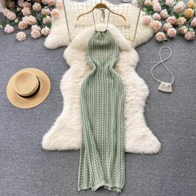 Hanging neck sleeveless hollow knitted slit dress
