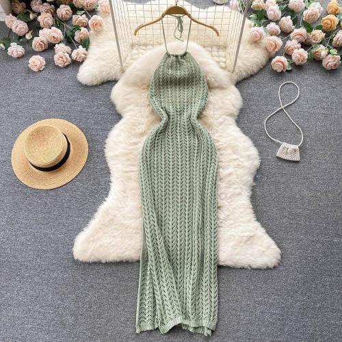 Hanging neck sleeveless hollow knitted slit dress