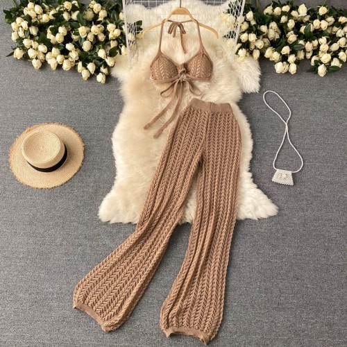 Hanging neck strapless lace up top, hollowed out knitted wide leg pants two-piece set