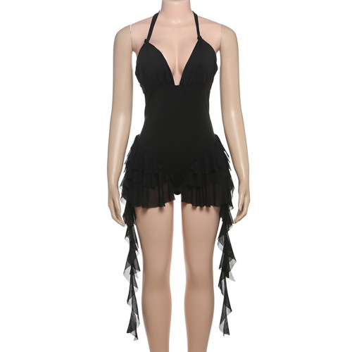 Deep V-neck hanging neck backless wooden ear jumpsuit