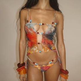 Printed mesh lace up bikini three piece set