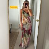 Waist cinched backless lace up long skirt hanging neck French slit dress